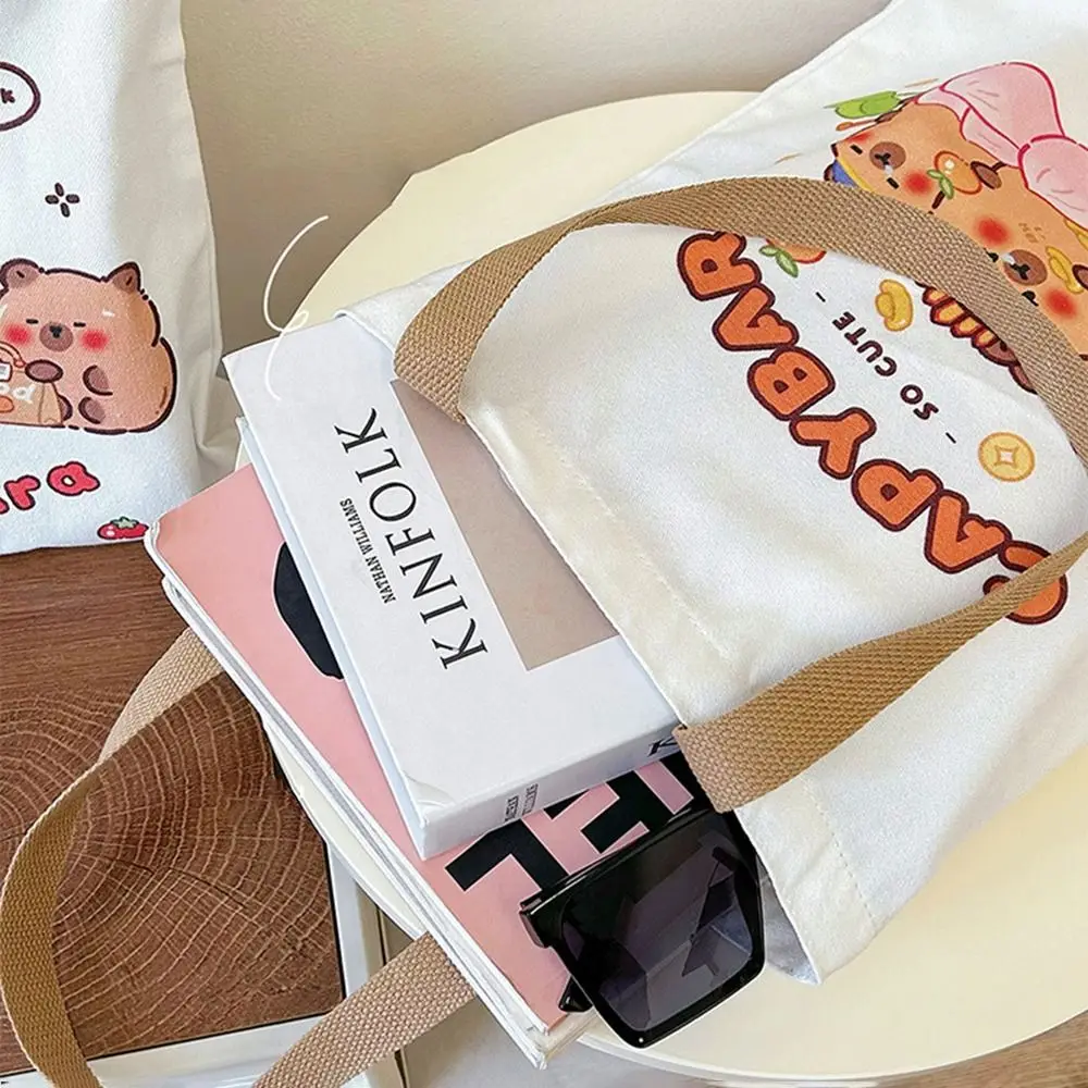 Kawaii Print Anime Cartoon Capybara Handbag Large-capacity Reusable Canvas Bag Durable Wear-resistant Shoulder Tote Bag Tablet