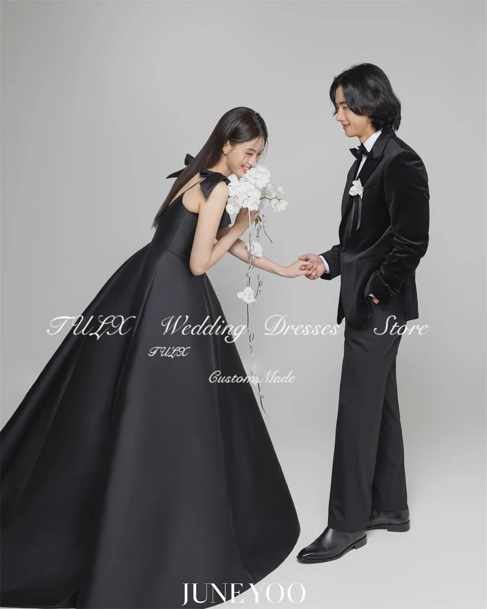 TULX Abendkleid mit Schleife und Trägern, schwarzes Satin-Korsett, Korea, Hochzeit, Fotoshooting-Kleid, V-Ausschnitt, bodenlanges Partykleid, individuell gestaltet