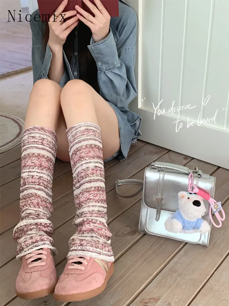 

2025 Fall Winter Retro Calf Leg Covers Korean Style Sweet Striped Long Socks for Women JK Lolita Socks Pile Socks Leg Warmers