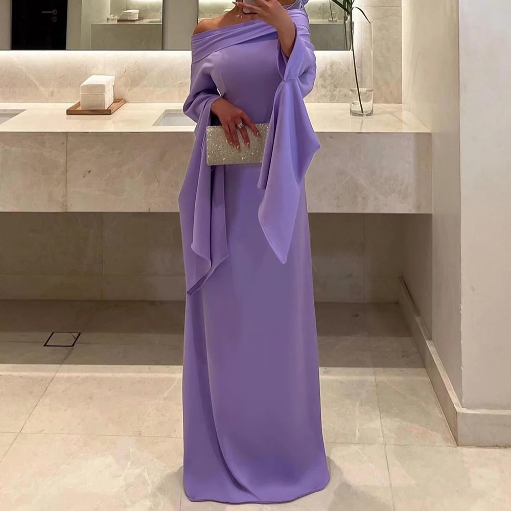 

Light Purple Jersey Temperament Evening Dresses Off the Shoulder Straight Pleats Long Sleeves Floor Length Vestido De Noche 2024