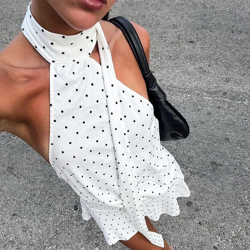 Linad été plage noir point licou robe femme Sexy dos nu Mini robes pour femmes décontracté à lacets tricot robe crayon dame 2025