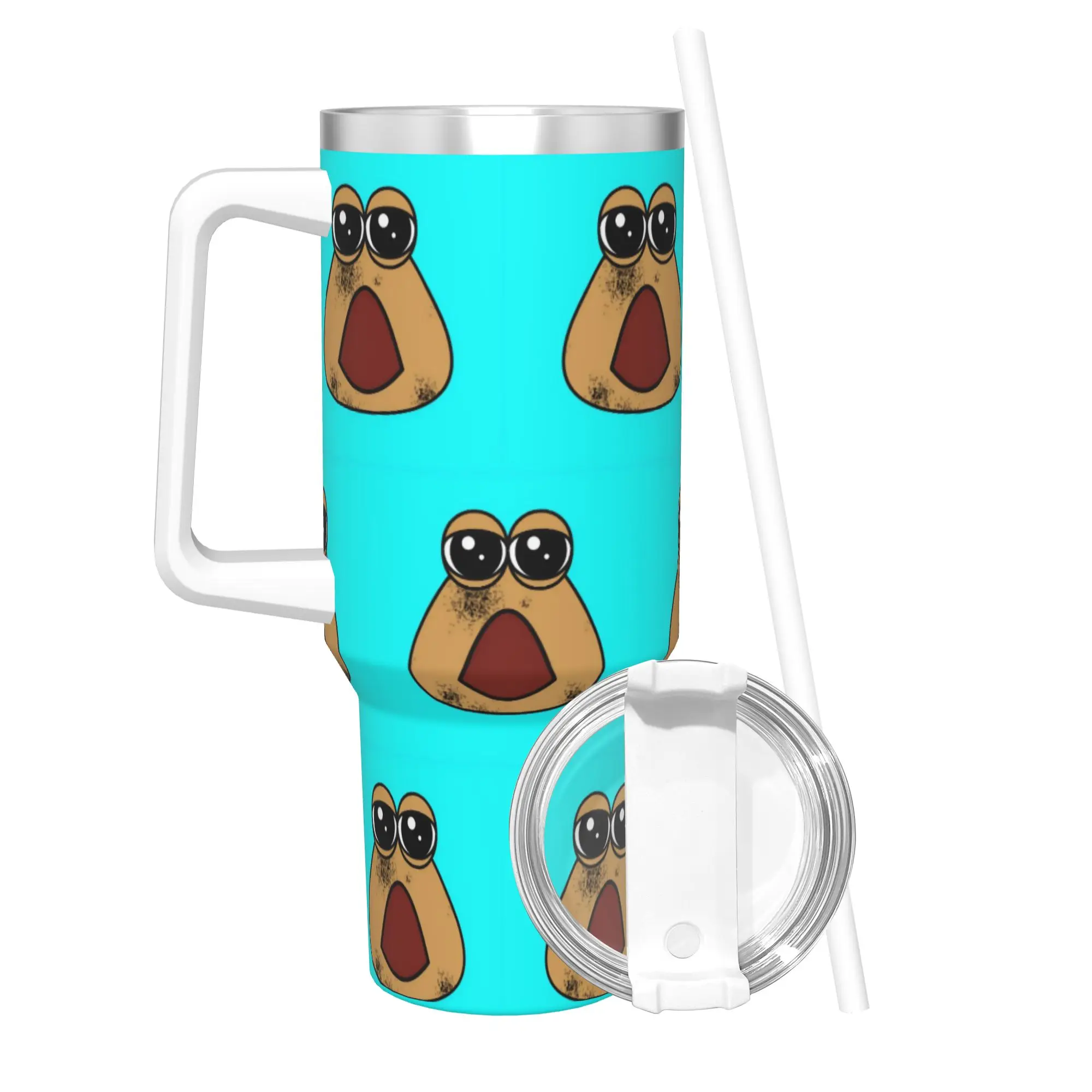 My Pet Alien Pou Tumbler With Straw  Stainless Steel Travel Mug Double Wall Vacuum Insulated for Cold Or Hot 40oz