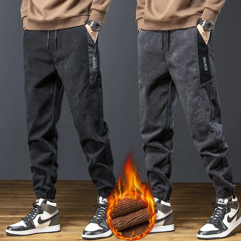 

Winter Men Corduroy Thick Velvet Casual Pants Elastic Slim Straight Jogging Sweatpants Warm Fleece Drawstring Workwear Trousers