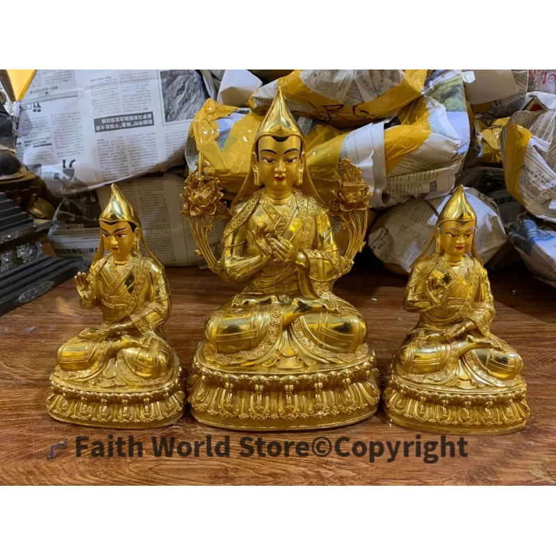 

Tibet Nepal Buddhism 3PCS Buddhist Tibetan Buddhism gilding Tsongkhapa Buddha attendants statue bless safety health good luck