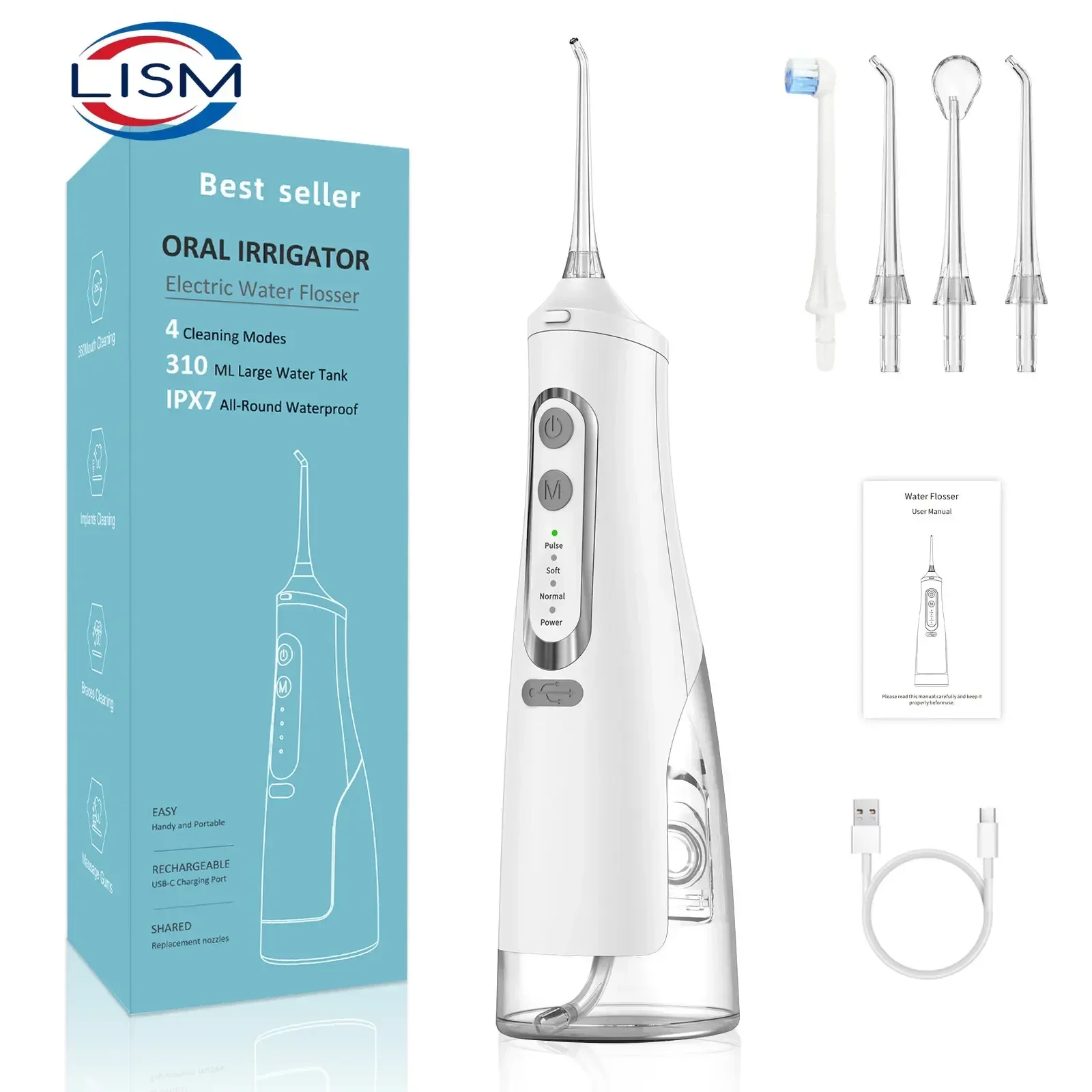 Irigator Oral Flosser air isi ulang USB, Jet air gigi portabel 310ML tangki air IPX7 tahan air pembersih gigi perjalanan