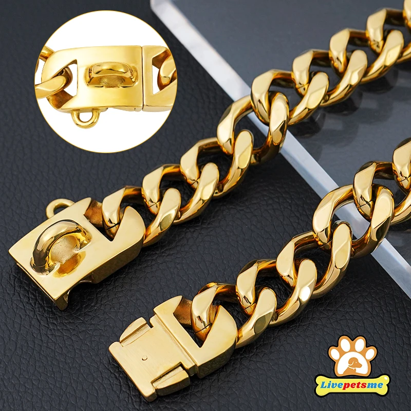 Stainless Steel 23mm Gold Dog Chain Collar Chew Proof Pet Chains Cuban Link Large Dog Collars