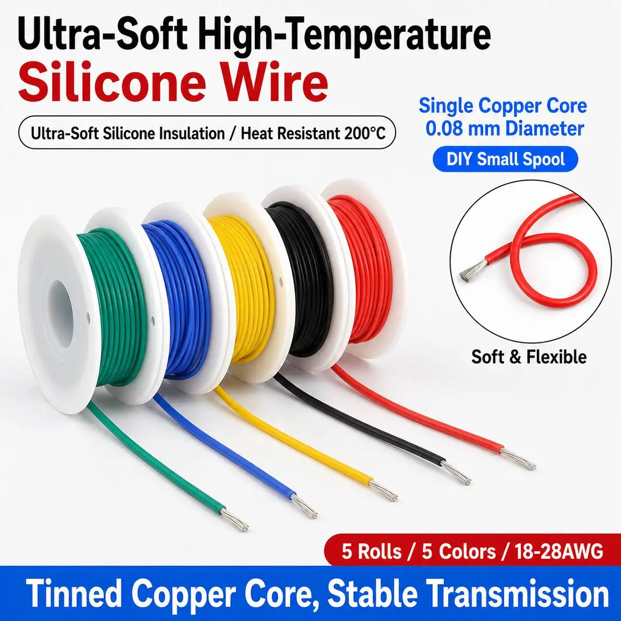 5 Colors 20/28 AWG Stranded Electrical Wire Flexible Silicone Tinned Copper Wires 20/28 Gauge Hookup Wire Cable