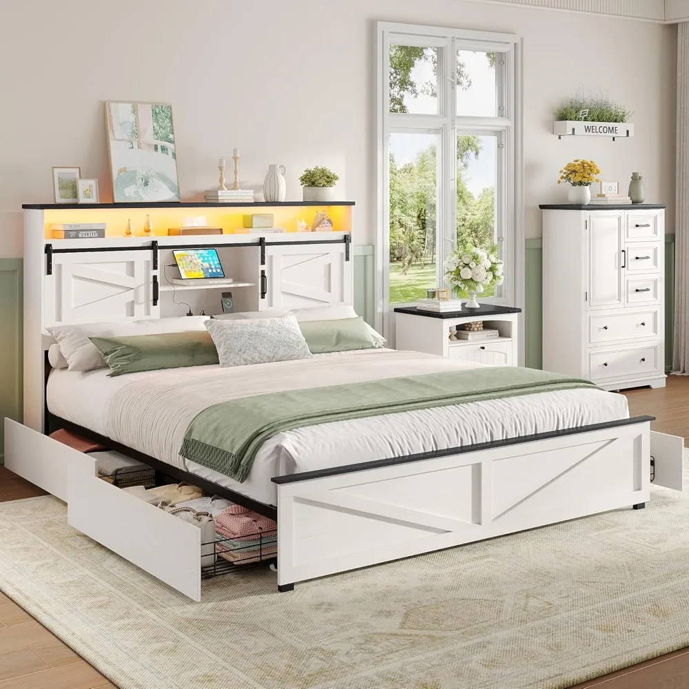 Farmhouse King Size Bed Frame with 4 Drawers and Bookcase Headboard, Sliding Barn Door Storage Shelves, Charging, Custom