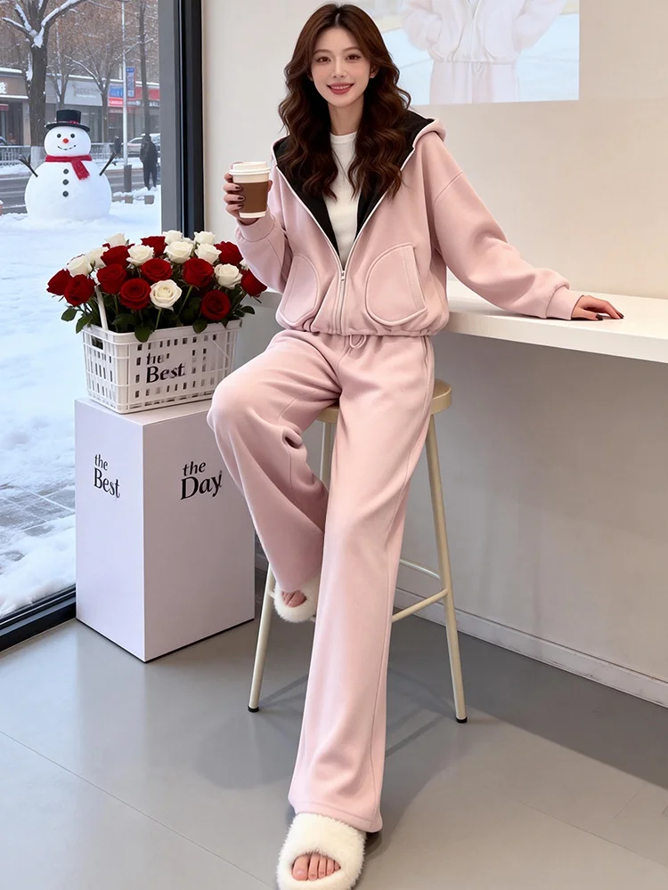

Sweet Pink Casual Sports Set Women's Spring Gentle Fashionable Youthful Jacket Top Wide Leg Pants Two Piece Set