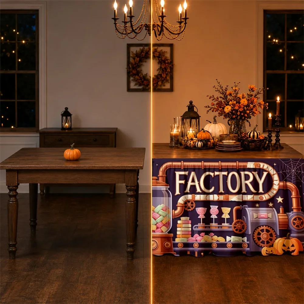 One table skirt. Candy Factory theme table skirt. Polyester, whimsical, retro steampunk.