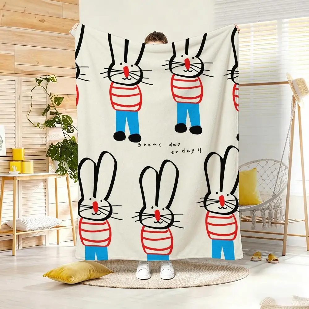 Cartoon L-long eared red nose bunny Throw Lightweight 240g Flannel Blanket Soft Skin-friendly for Summer Cooling