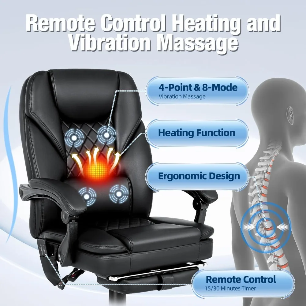 كرسي مكتب جلدي مريح عالي الظهر مع مسند للقدمين، اهتزاز 4 نقاط وتدليك حراري للراحة التنفيذية