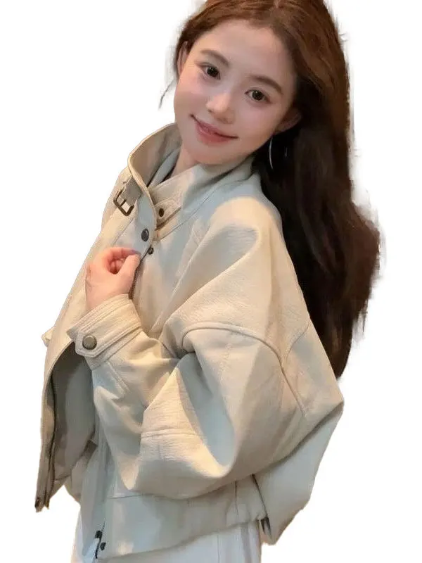   Jaqueta de Couro PU para Mulheres, Casaco de Motocicleta, Nova Chegada de Outono, Cor Ele, Caqui, Moda Feminina