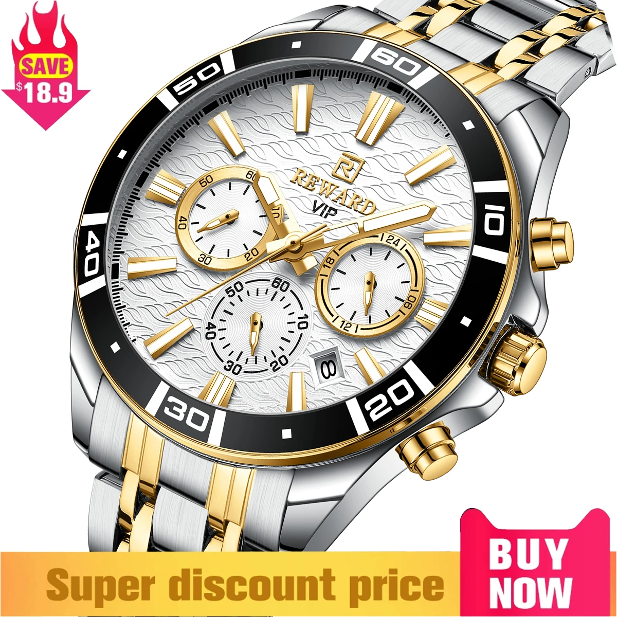 New REWARD Mens Watch Waterproof Sport Wristwatch for Men Stainless Steel Business Quartz Watches Clock Gift for Father Birthday