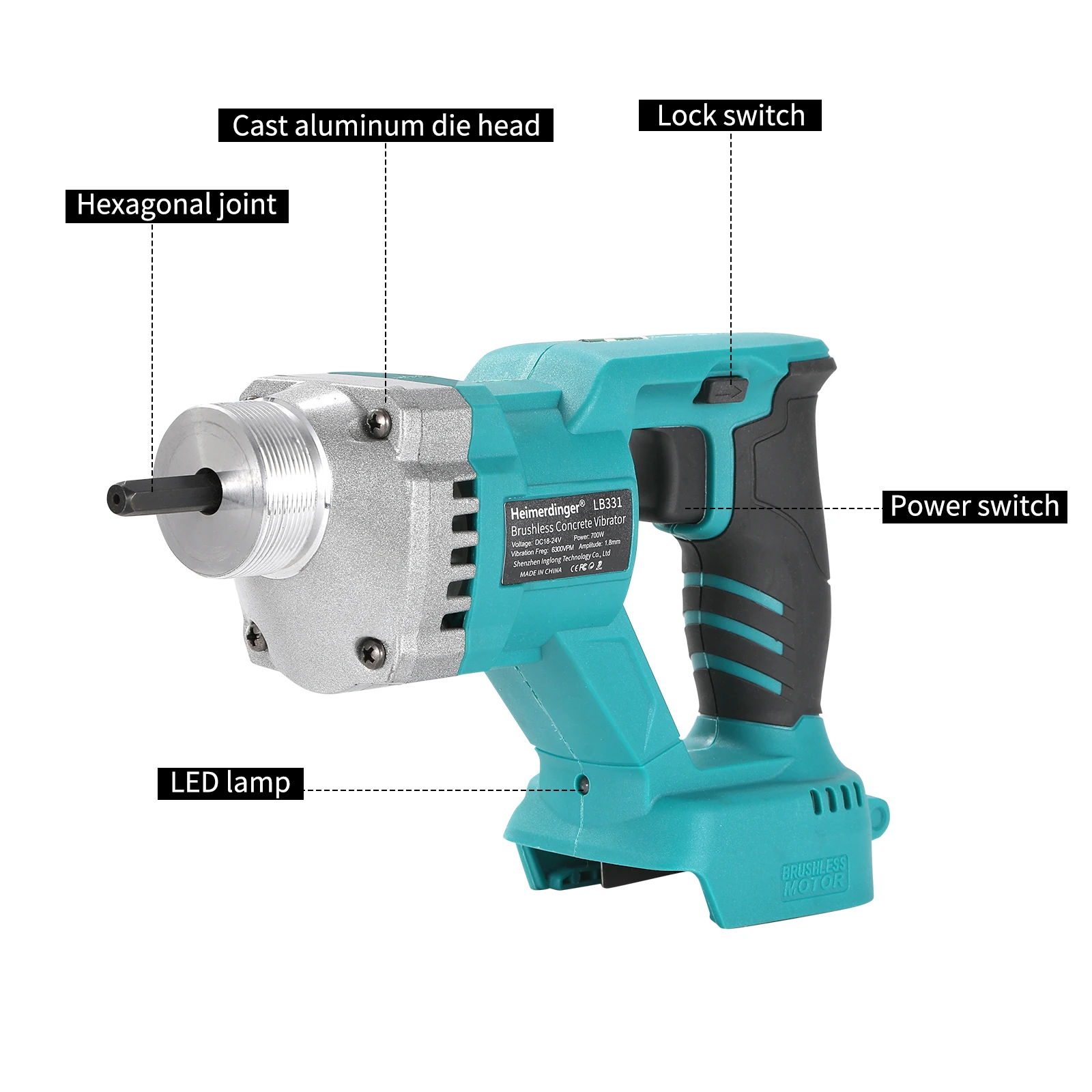 Heimerdinger LB331 Brushless Cordless Concrete Vibrator 700W 1.8mm Amplitude Concrete Mixer Vibrator, No battery