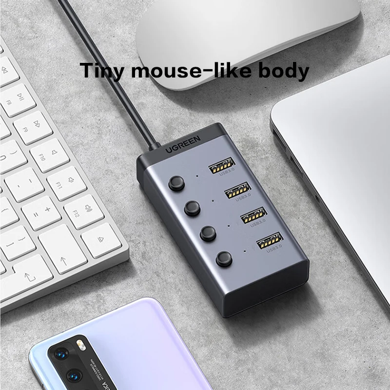 محور USB 3.0 يعمل بالطاقة UGREEN، محول USB ذو 7 منافذ مع 4 منافذ شحن ذكية، مقسم USB مع مفاتيح تشغيل/إيقاف LED فردية