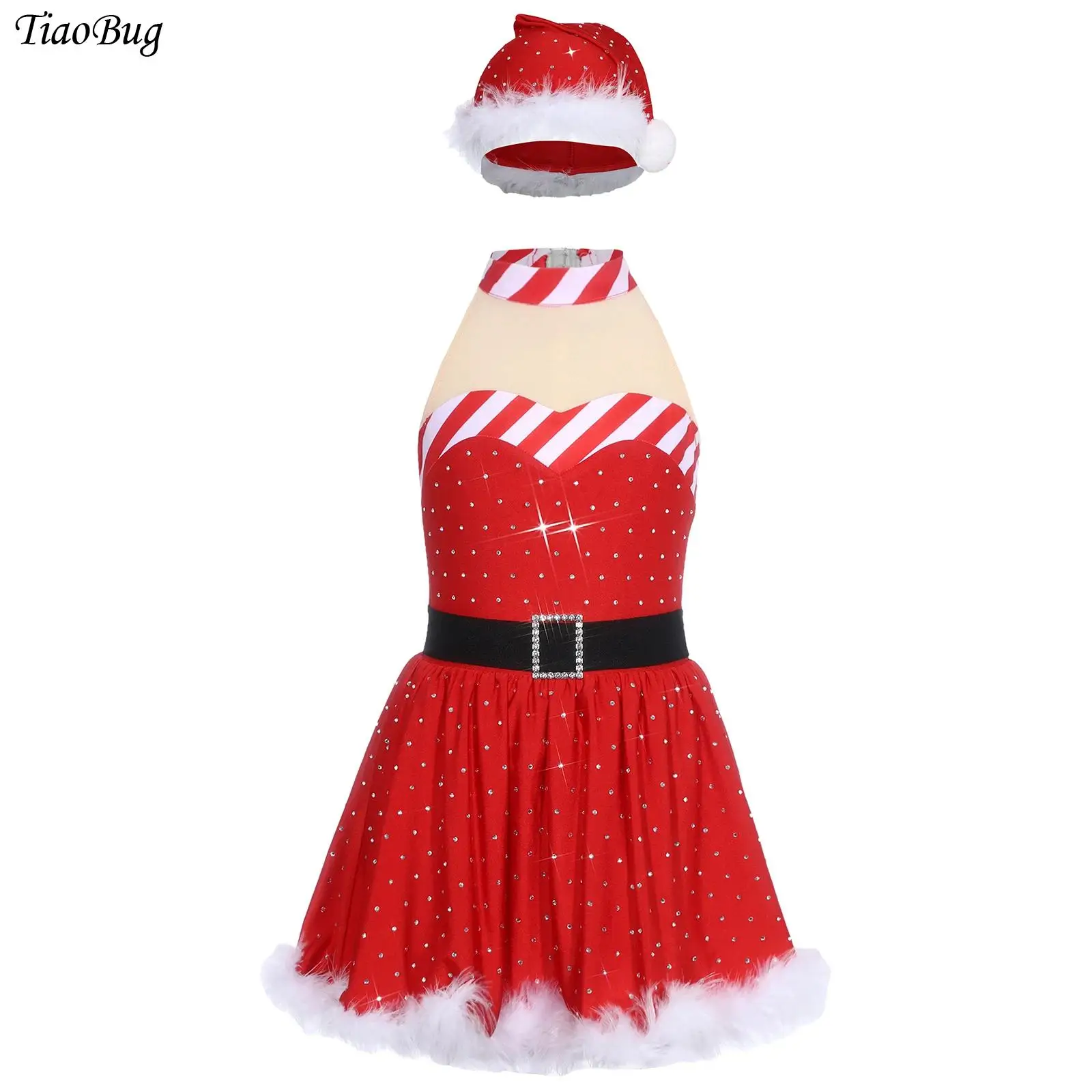 الفتيات عيد الميلاد قزم فستان قصب الحلوى مخطط الباليه توتو فستان بلا أكمام شبكة الراين الجمباز يوتار فستان قبعة وتتسابق #1