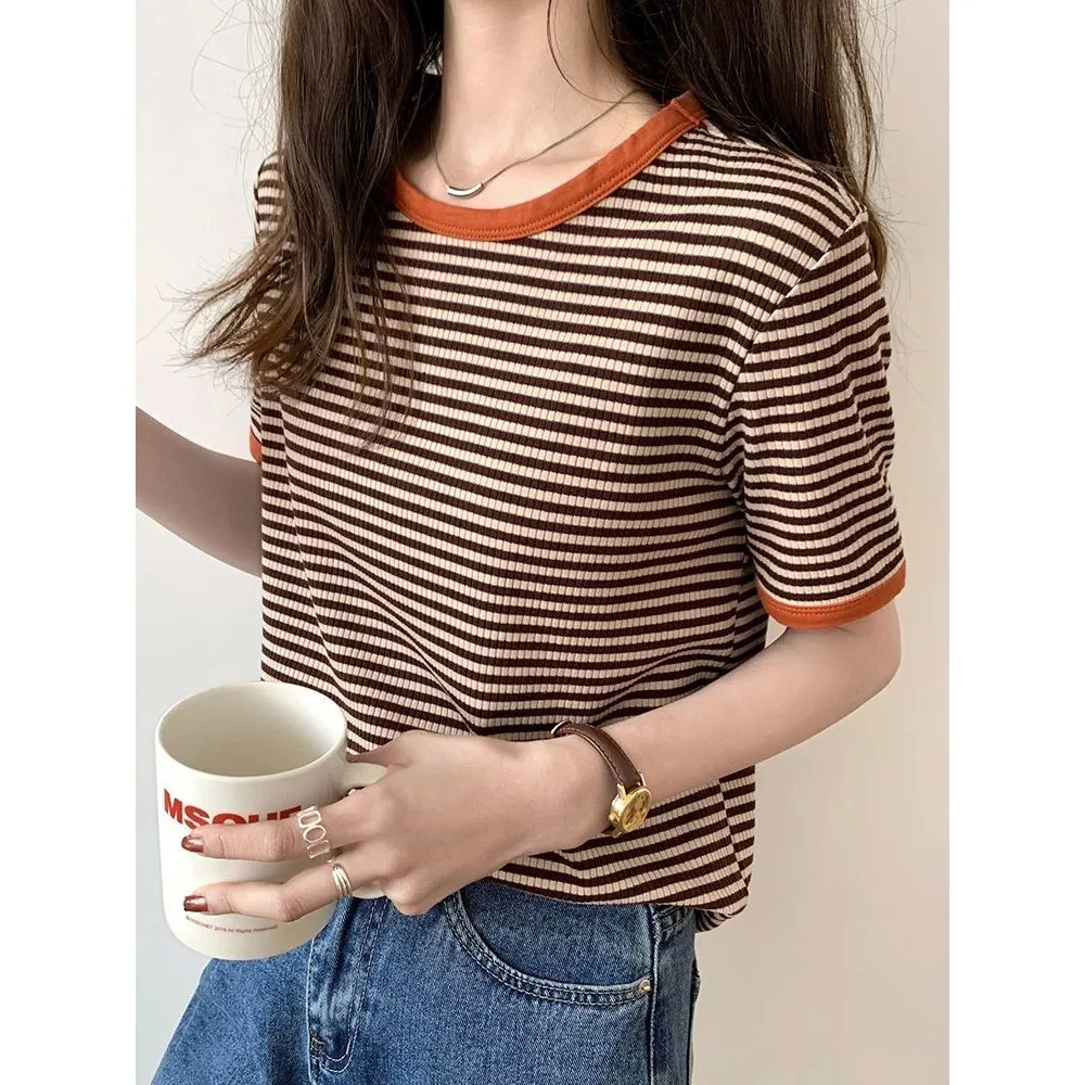 

Summer Striped ort Sve Tirt Women's Korean Sle New Arrival Comfortable Cotton Material Faionable Ladies Top