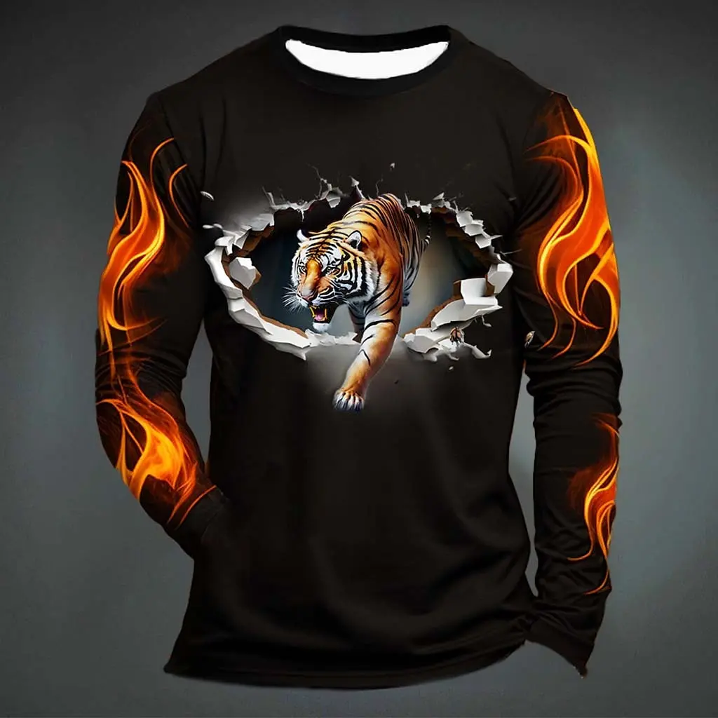 

Spring autumn Flame Paw Graphic Fashion men's 3D Printed tiger T shirt Sports Outdoor Holiday Long Sleeve Crew Neck T-Shirt top