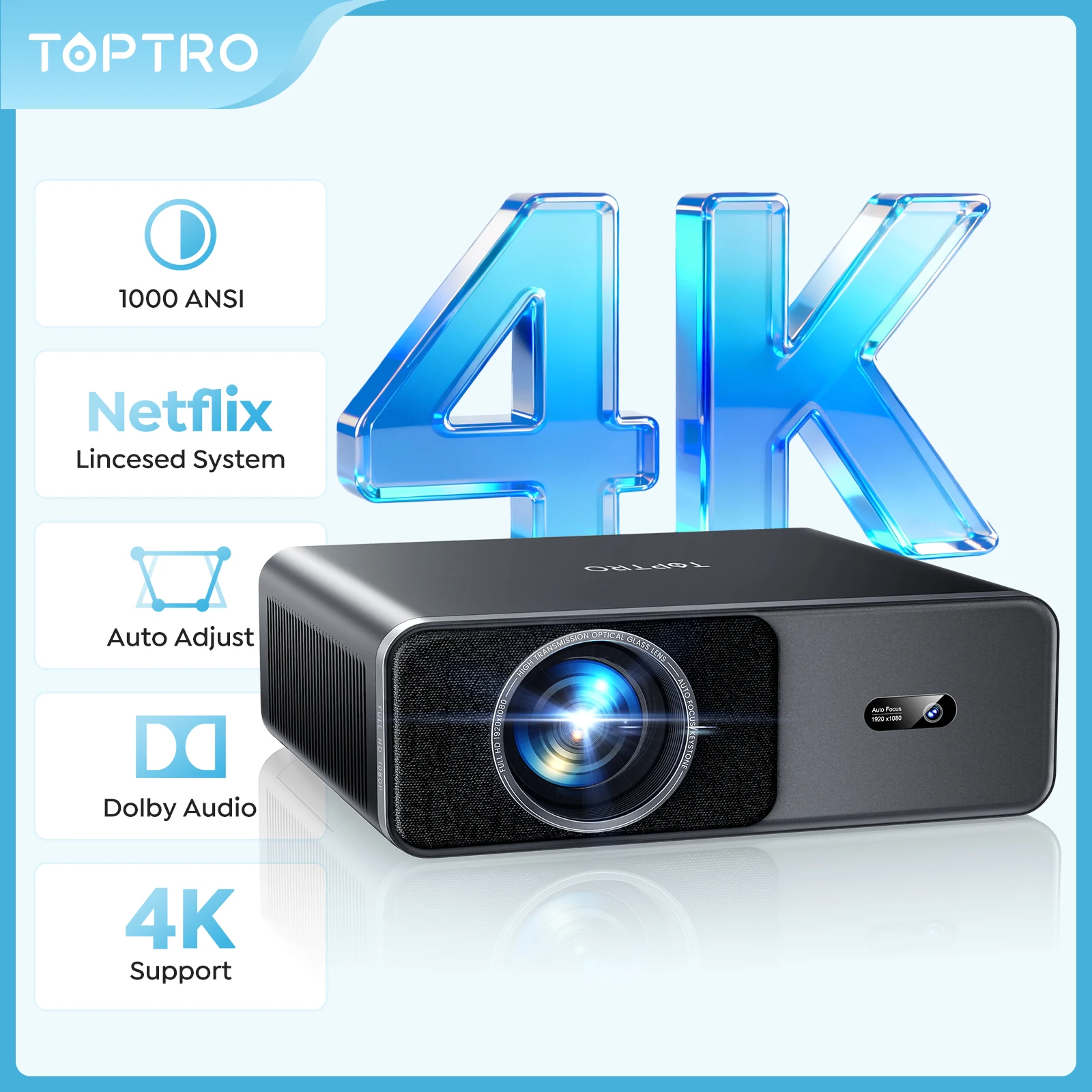 

TOPTRO 1000 ANSI 4K Projector with Official Netflix, native 1080P FHD, AI Auto Focus & Keystone, WiFi 6 BT5.2 for Home Theater