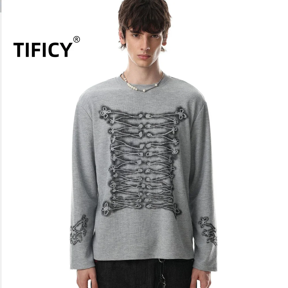 High Street T-shirts Tops Men's Visually Textured Vintage Palace Style Printed Long Sleeved T-shirt Loose Casual Top