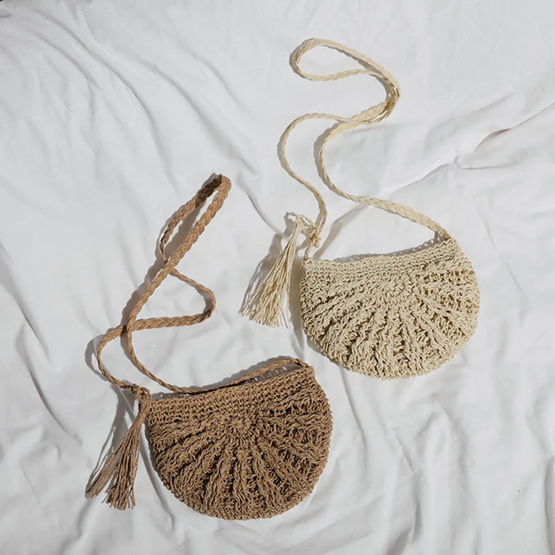 Trend Half Round Straw Bags for Women Summer Beach Rattan Bag Handmade Woven Half Moon Crossbody Handbags Bohemia Shoulder Bag