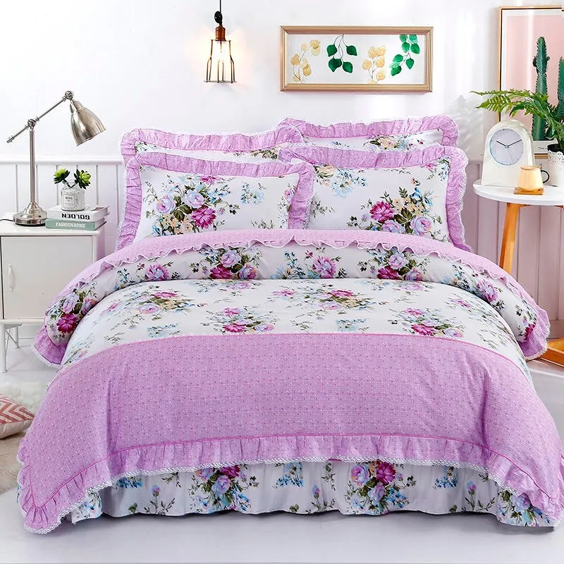 

Elegant Vintage Purple Rose Floral Duvet Cover Bedsheet Lovely Ruffle Style Exquisite Craft 100%Cotton Double Queen King 4Pcs