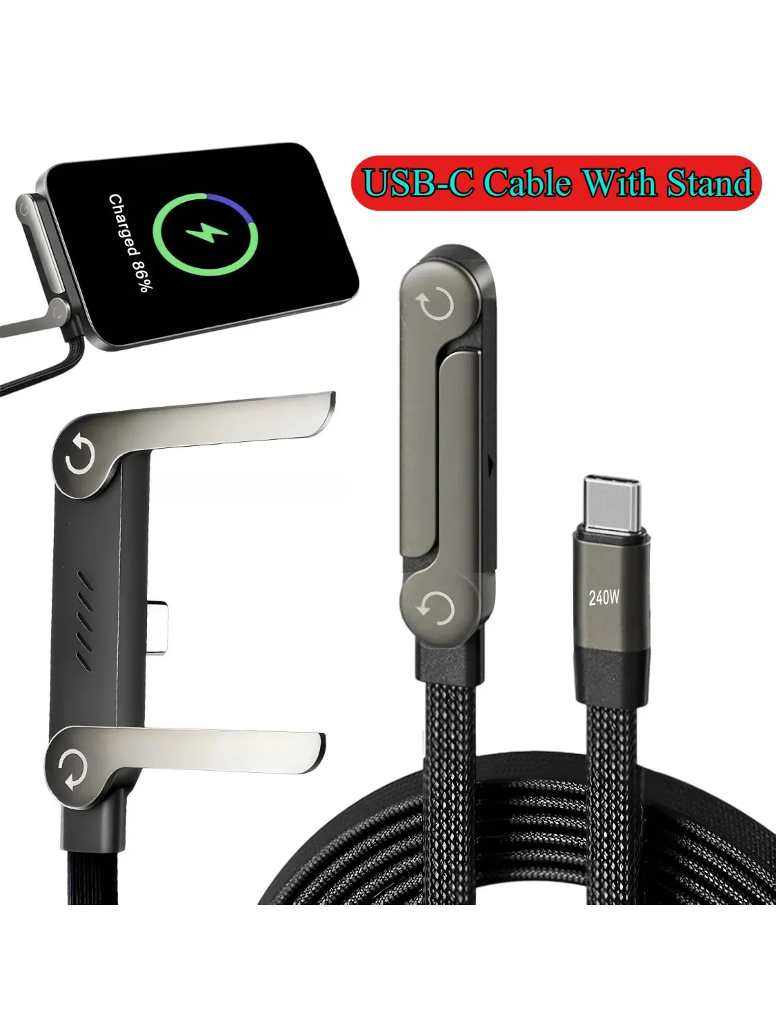 carregador de celular cabo tipo porta celular ładowarka typu c Cabo de carregamento do carregador plano USB Tipo C Cabo de chute C Suporte com suporte invisível Suporte de fio de carregamento do