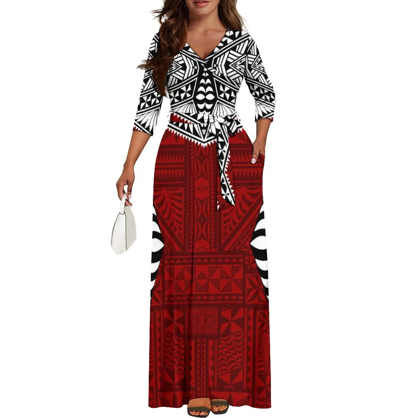 High Quality 2024 New Polynesian Tribe Design Plus Size Long Dress Samoan Fijian V-Neck Temperament Dress Fashion Evening Dress