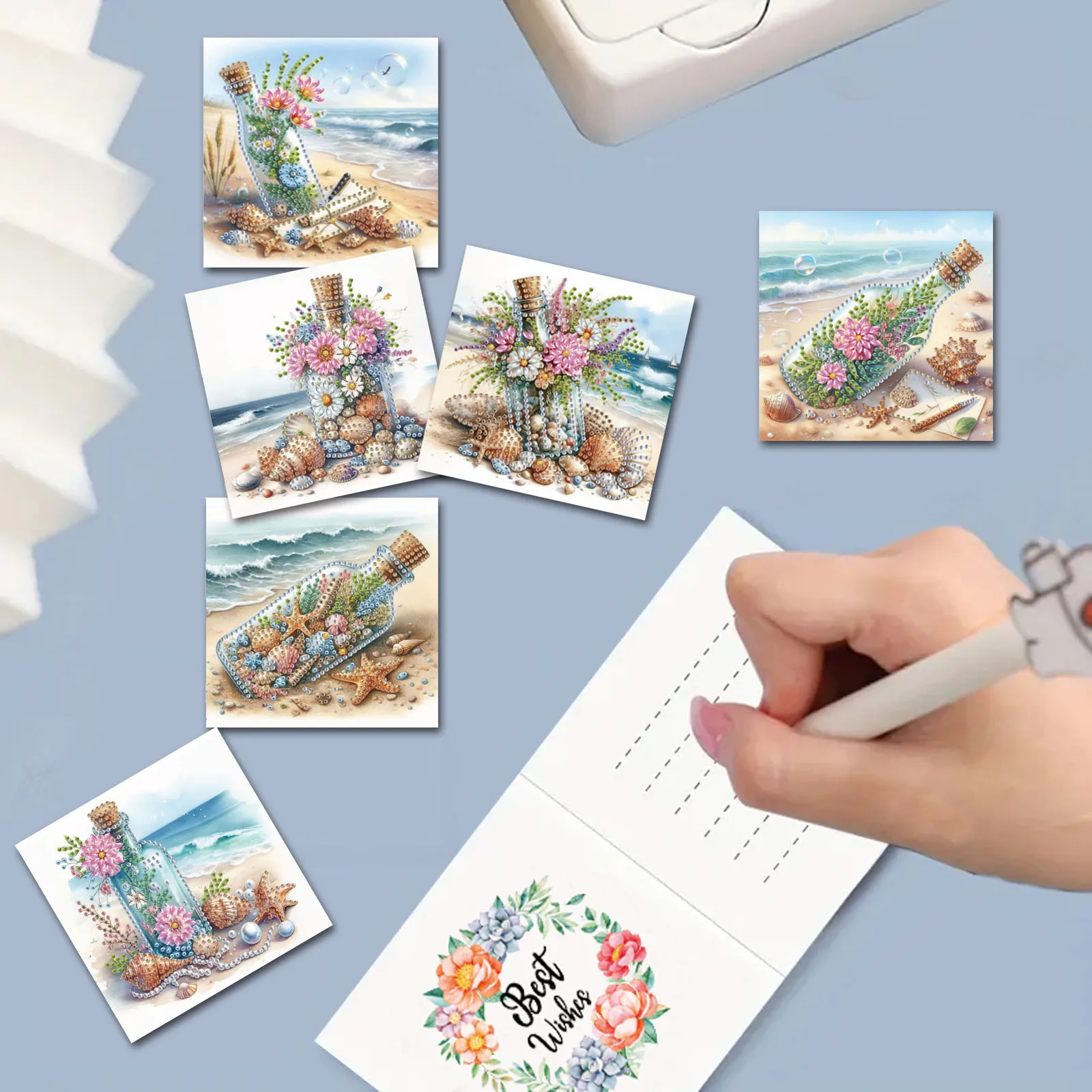 6-Piece DIY Diamond Painting Kit Sea Theme Greeting Card, Blessings and Wishes, Irregular Shape Diamonds, Paper Material