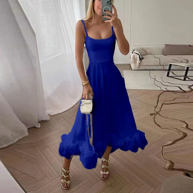 Sexy Suspender Backless Women Party Long Dress Fashion Sleeveless Big Hem Ruffle Dress Ladies Elegant O-neck Solid Slim Dresses