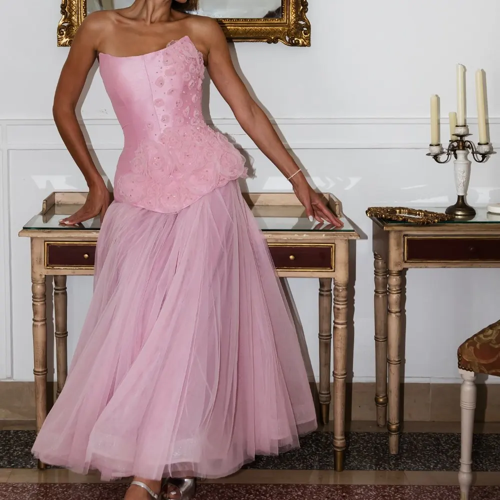 

Элегантная розовая тюлевая юбка-миди трапециевидной формы для женщин, романтическая вечерняя юбка с высокой талией для свадьбы и выпускного вечера, модная многослойная тюлевая юбка