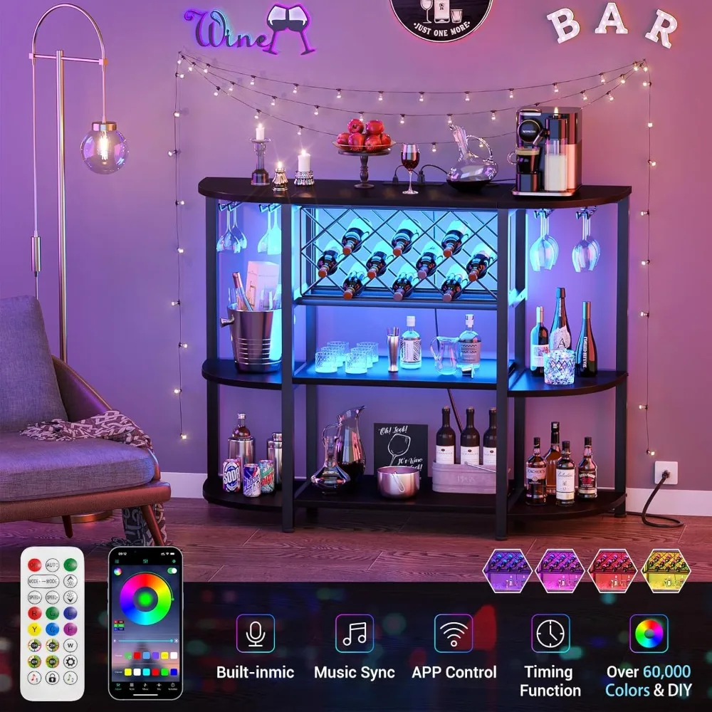 4-Tier Metal Coffee Bar Cabinet with Outlet and LED Light, Freestanding Floor Bar Table for Liquor with Glass Holder Storage,