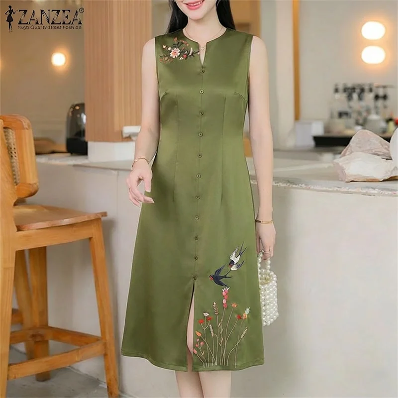 2026 elegante decote em v sem mangas vestido de verão zanzea feminino vestido de verão elegante impresso trabalho midi vestidos de cetim botões até vestido de verão