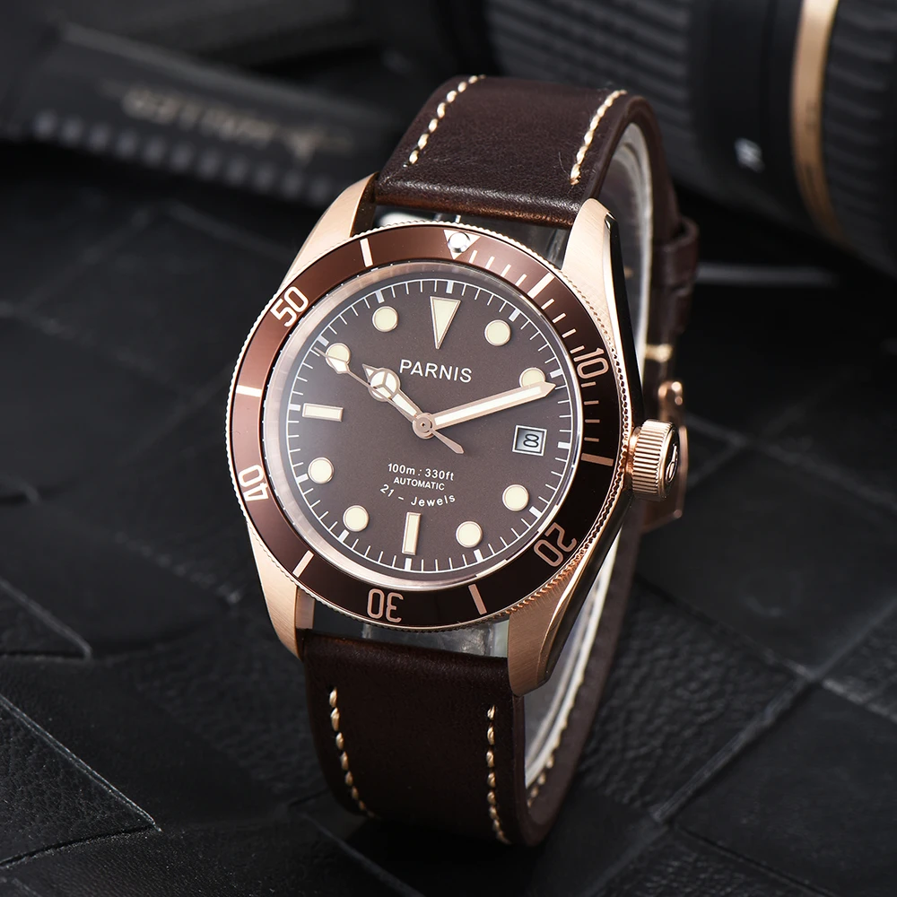 Parnis 41 mm orologio automatico da uomo in cristallo di zaffiro quadrante verde indicatore luminoso impermeabile 10 ATM