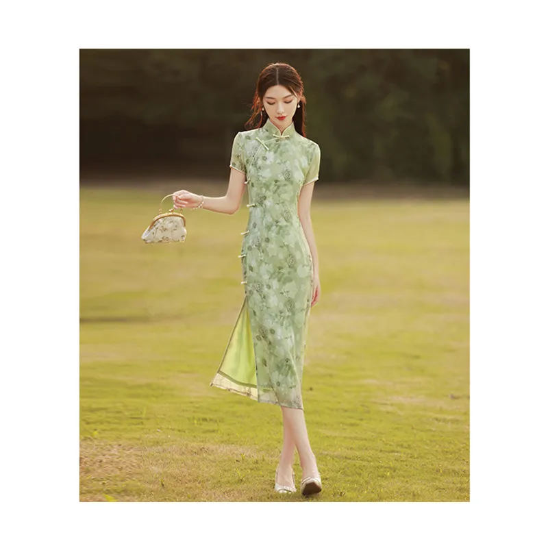 New Female Summer Camellia Cheongsam Green Girl Retro Temperament Chinese Style Qipao Dress