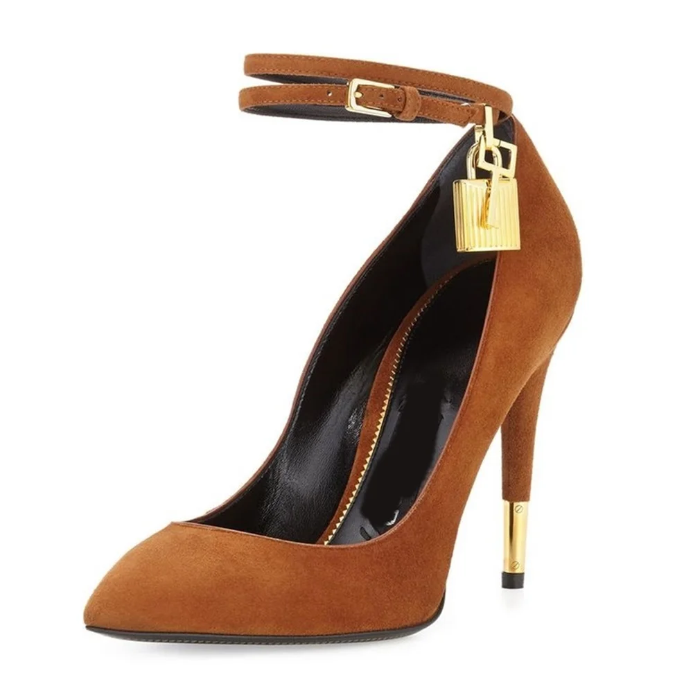 

Suede Metal Lock High Heel Pumps Sexy Pointy Toe Ankle Strap Thin High Heel Runway Dress Women Pumps