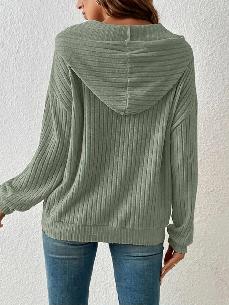 Autumn Women Loose Drawstring Hoodies Warm Long Sleeve Pockets Solid Color Sweatshirts 2024 Female Street Casual Stripe Clothing