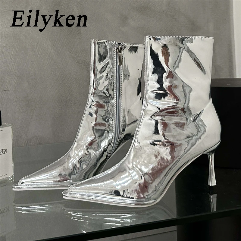 Eilyken Gold Silver Soft Leather Thin Low Heels Zippers Short Ankle Boots Women Pointed Toe Spring Autumn Stripper Ladies Shoes