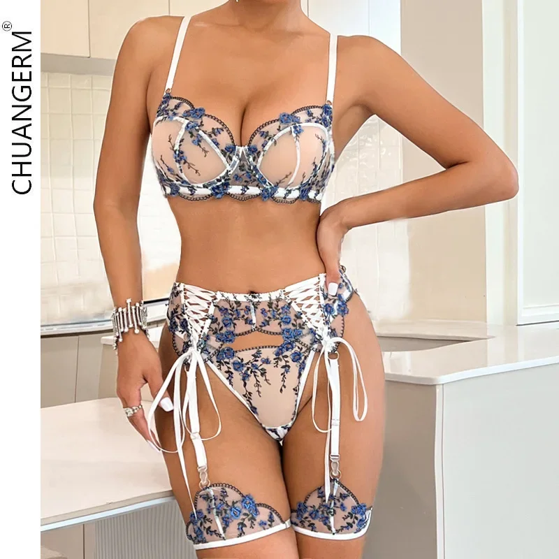 

CHUANGERM Contrast Color Straps Female Underwear Women Floral Embroidery Bras for Women Perspective Sexy Lingerie Women's Bra