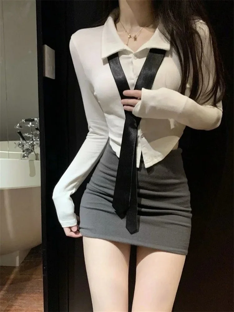 Design Chic Ins Korean Version Autumn Sexy Sweet Pure Desire White Tie Shirt Women\'s Slim Spicy Girl Crop Top Long Sleeve Blouse