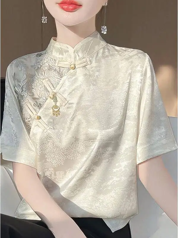 

Футболка Ele с вышивкой ort Sve и пуговицами, воротник из атласной ткани, повседневная одежда для женщин, летний топ