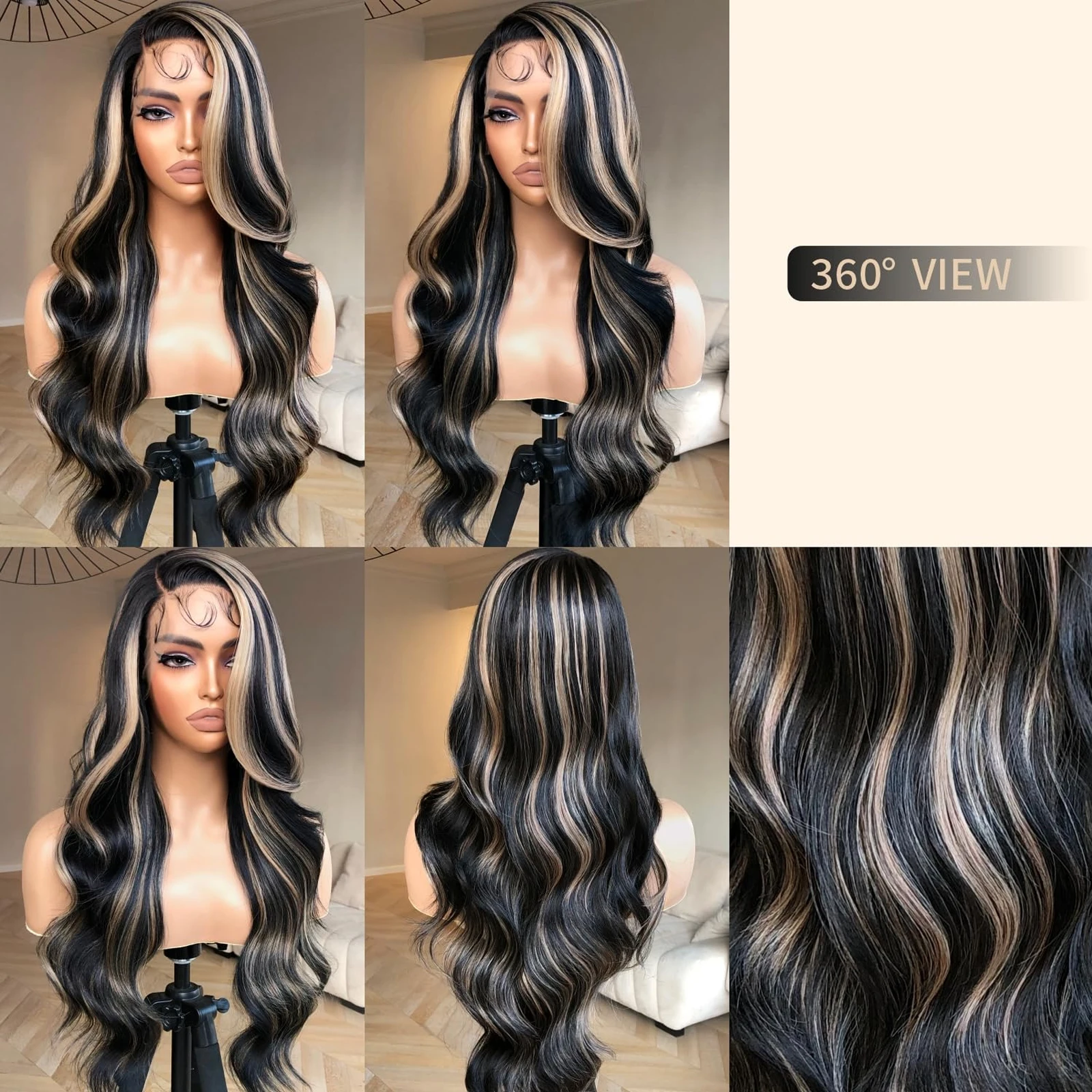 Wig depan renda gelombang tubuh berwarna pirang hitam 26 inci Wig Frontal panjang berombak rambut sintetis renda Wig untuk penggunaan sehari-hari wanita