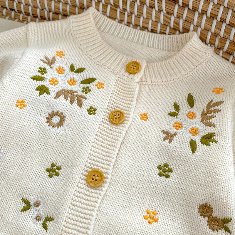 Infant Baby Girls Flower Embroidery Knitted Cardigan Coat Spring Autumn Newborn Kids Baby Girls Long Sleeves Cardigan Coat 0-3Y