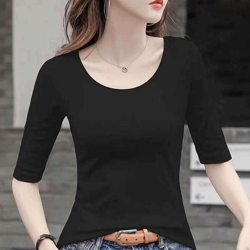 

Elegant Solid-coloured T-shirt Women Slim Five-sleeve Inner High-grade Foreign-style Bottoming Shirt Tops