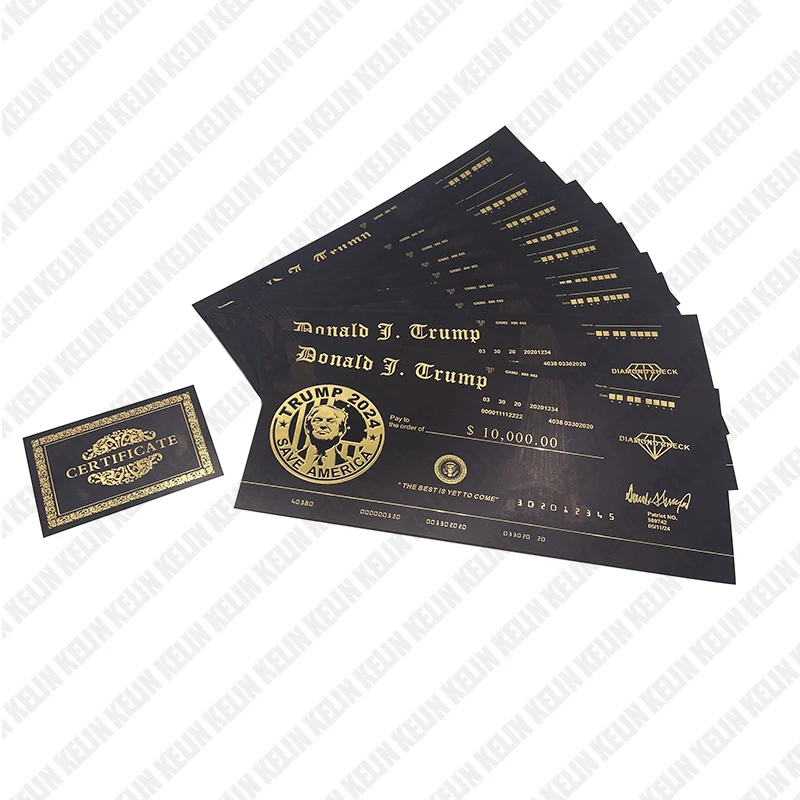 

10 pcs Black Gold Banknotes The US President Trump 2024 Diamond Check Notes Money In God We Trust Golden Ticket Cards For Gift