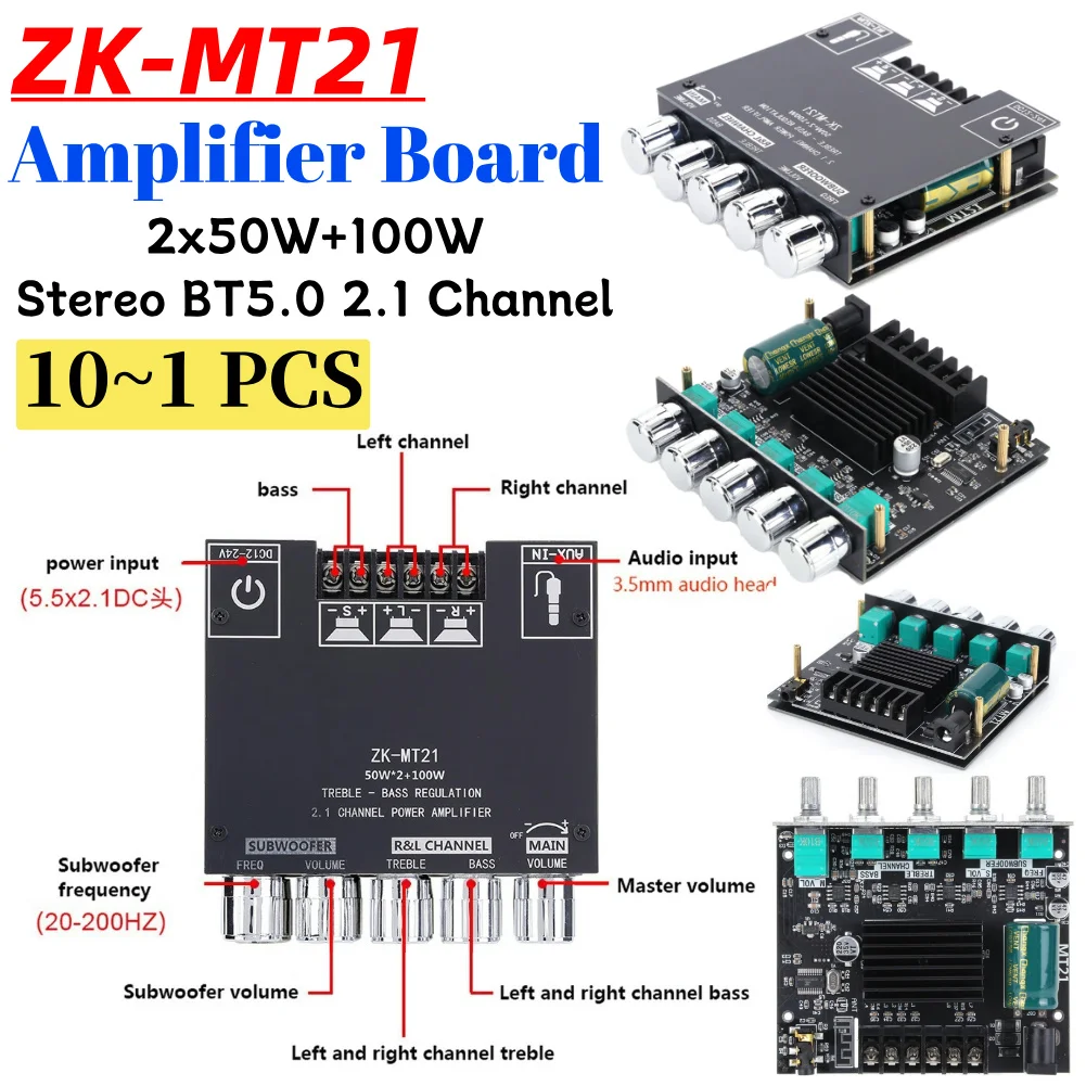 ZK-MT21 2.1 Channel 2*50W+100W Digital Power Amplifier Board 10~1 PCS Audio Stereo BT5.0 Bass AMP AUX 12/24V CS8673E