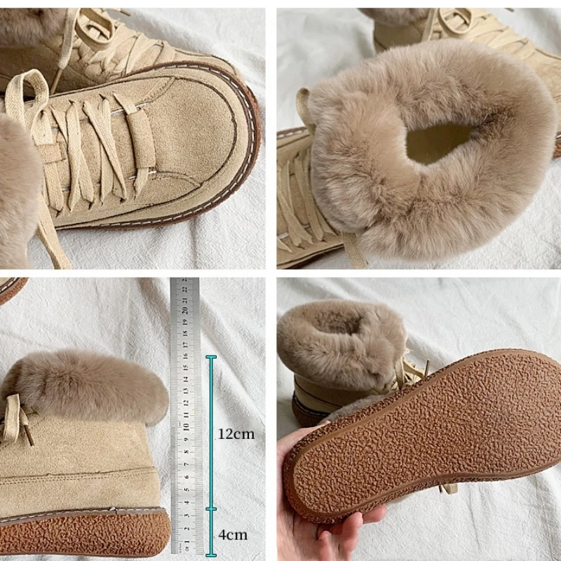 CICIYANG Snow Boots For Girls 2024 New Winter Women With Thick Fur Non-slip Ankle Boots Lace-up  Warm Cotton Shoes Khaki Color