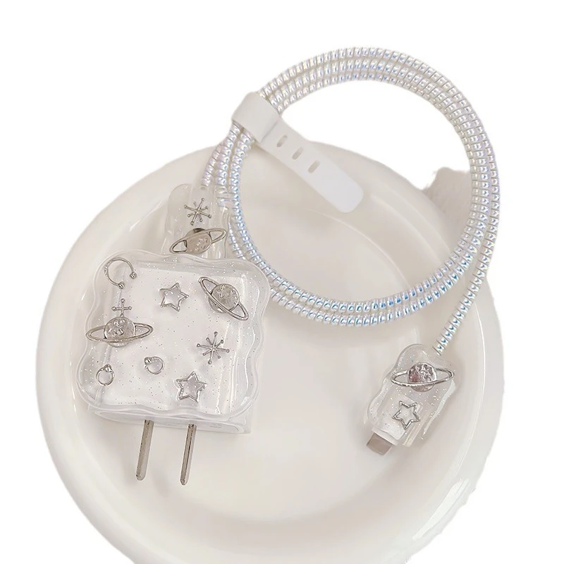 Crystal Planet Pattern Cable Protector for Apple 18W 20W Fast Charger, Charging Cord Anti-break Protective Sleeve