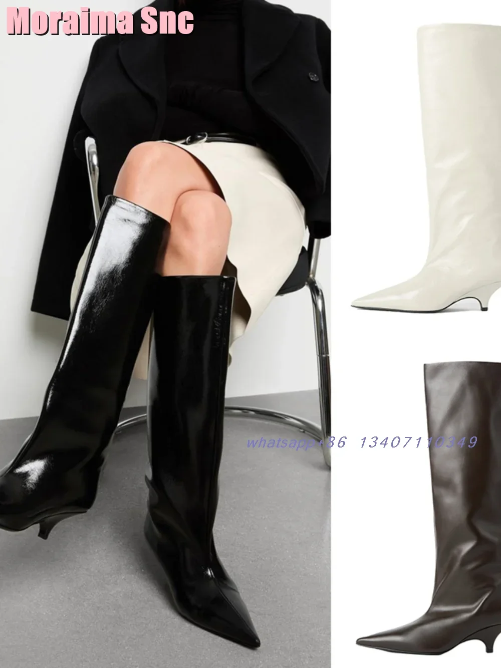 

Patent Leather Pointed Toe Knee High Boots Strange Low Heel Slip On Fashion Sexy Women's Long Boots Autumn Winter Black Solid